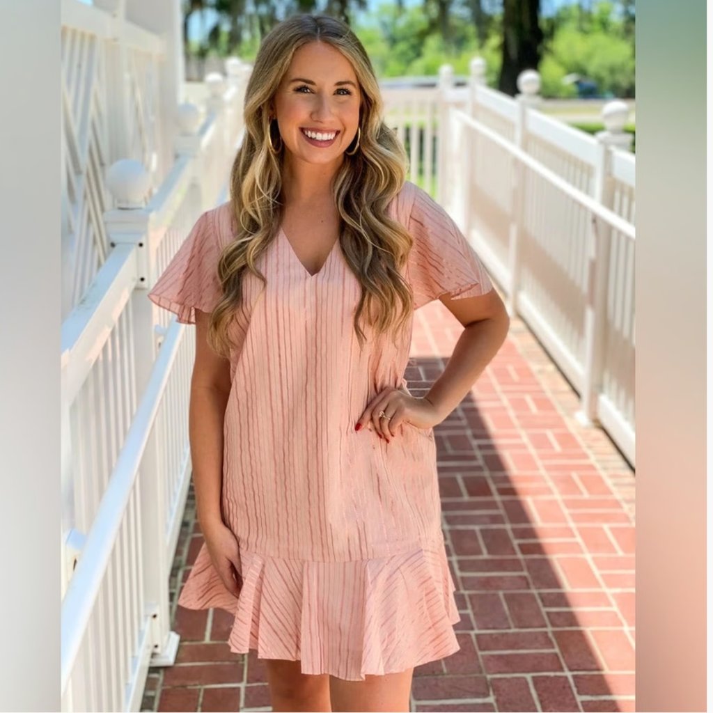 Anna Cate Veronica Flirty Ruffle Hemline Metallic V Neck Shift Dress Large